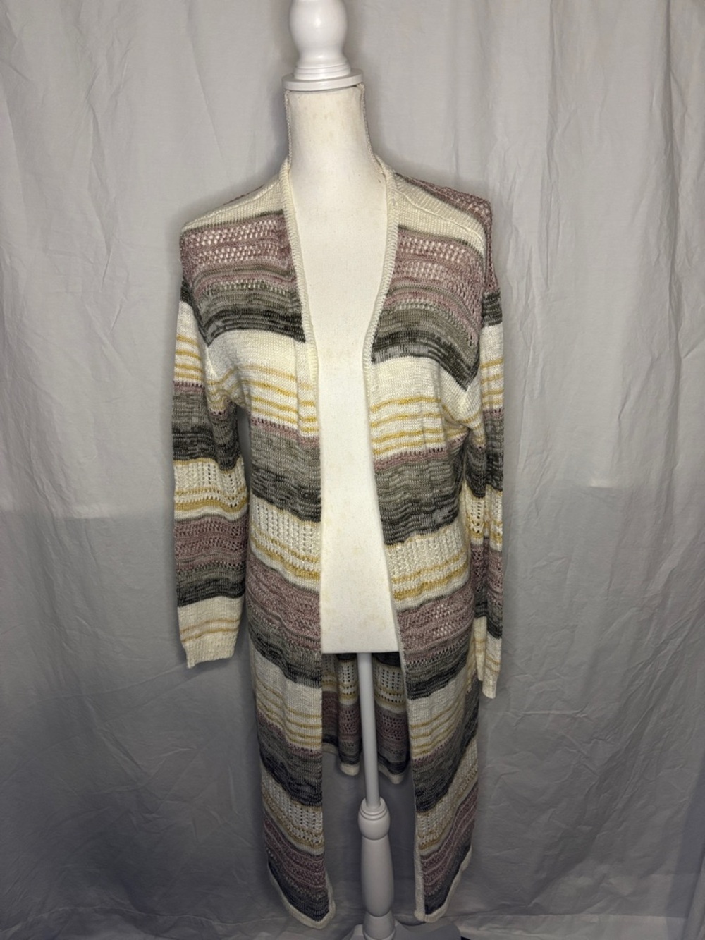 Olive & Oak Cream, Olive, Mauve & Yellow Striped Open Cardigan (1)